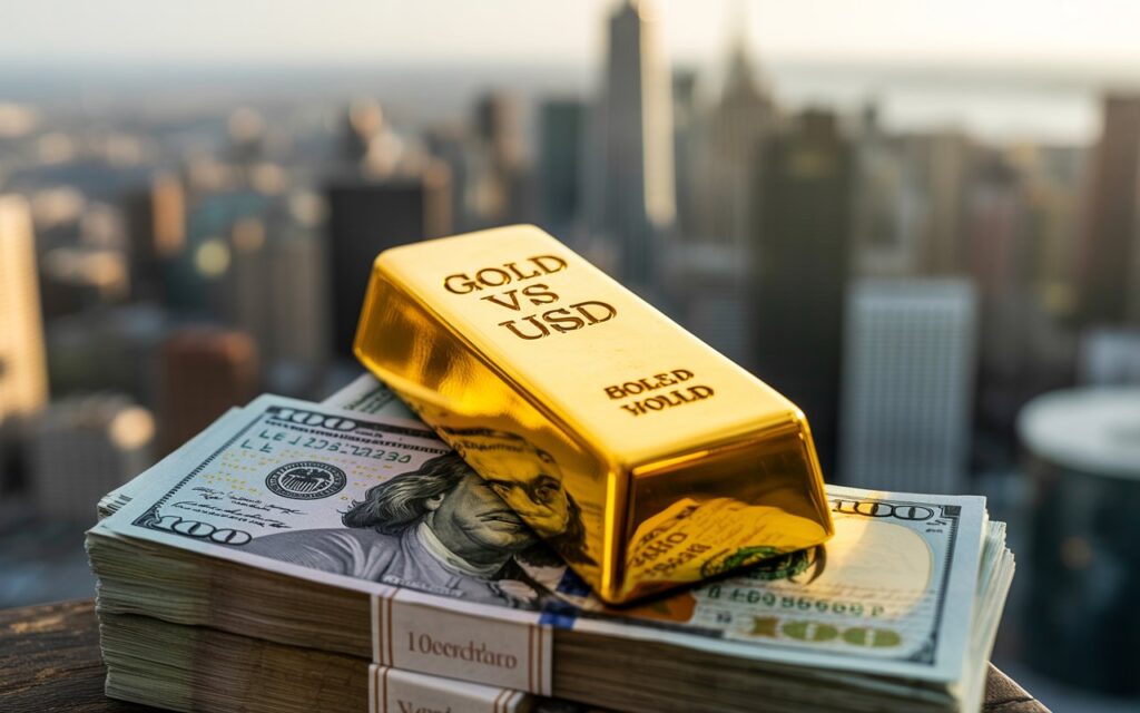 A financial strategy flowchart showing how to move savings from a volatile currency into stable assets like gold, real estate, and stocks.