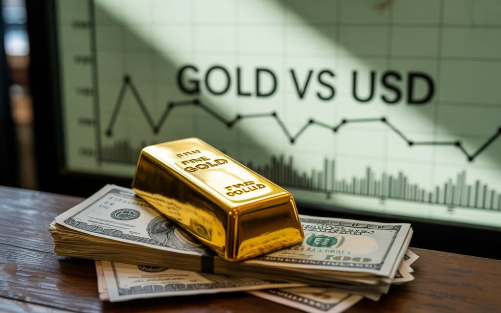 Protecting savings from weak currency with a gold bar and US dollars as a stable store of value.
