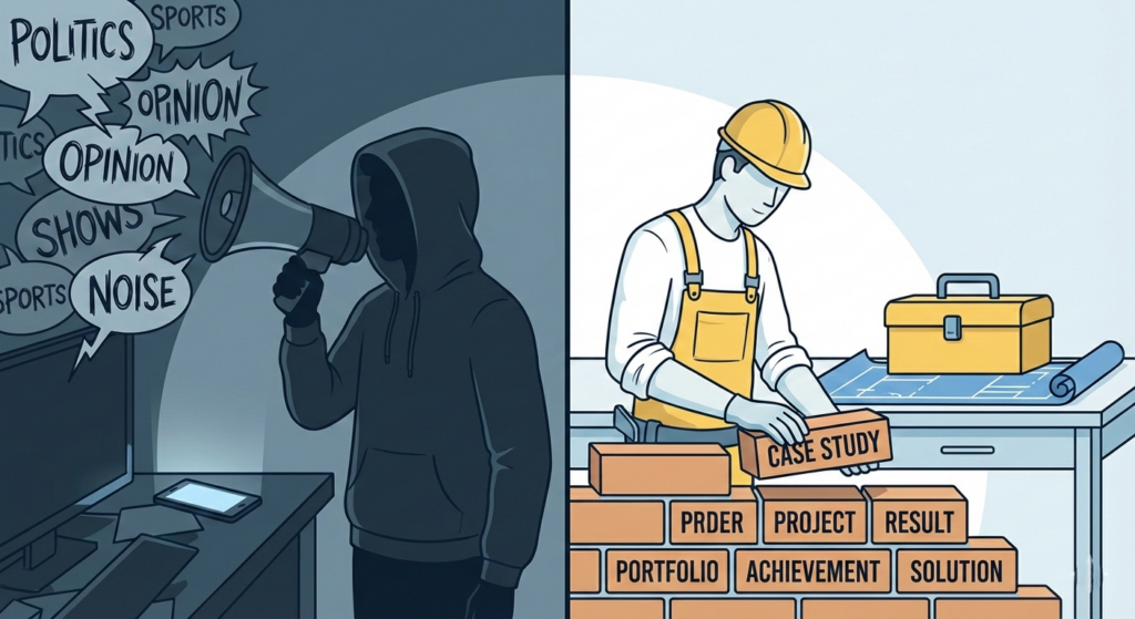 Split screen showing the difference between loud opinions and building tangible professional credibility.