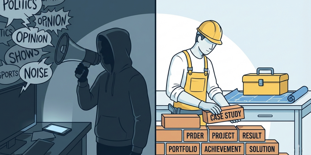 Split screen showing the difference between loud opinions and building tangible professional credibility.